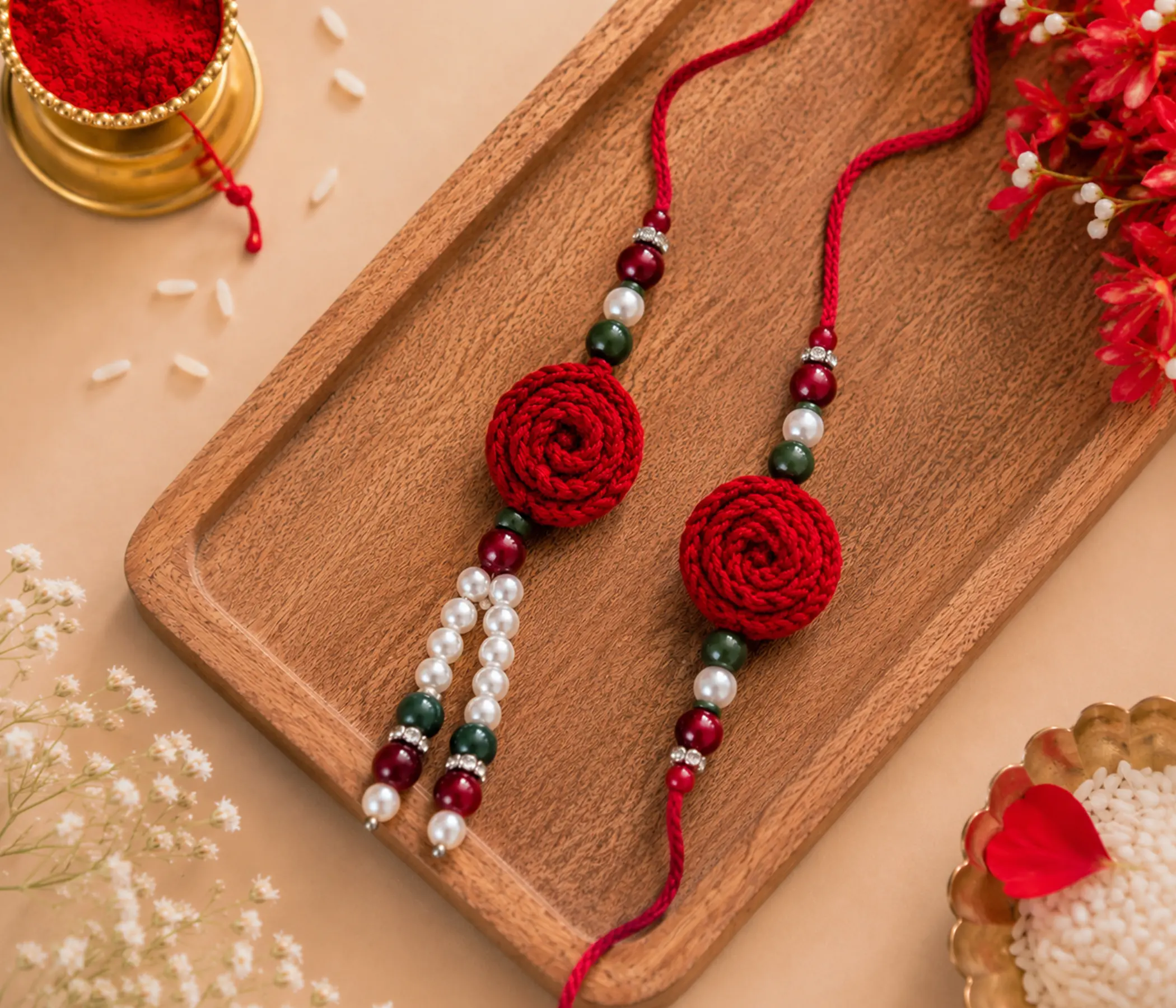 Handmade Crochet Red Floral Rakhi Set for Raksha Bandhan